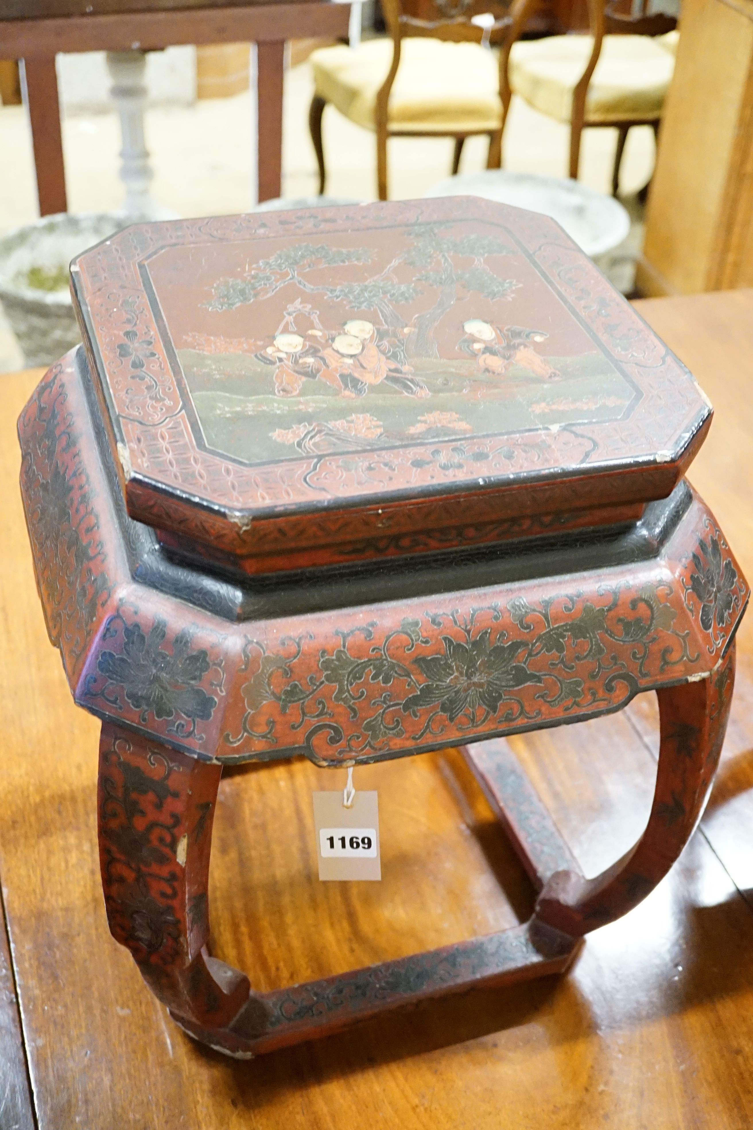 A pair of late 19th century Chinese lacquered stools, width 42cm, height 45cm